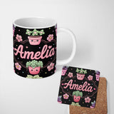 Personalized Custom Name Cute Kawaii Flower Pots Blossom Black Background Seamless Pattern 11oz Ceramic Coffee Tea Mug White Large Handle