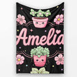Cute Kawaii Flower Pots Blossom Black Background Seamless Pattern  Personalised Custom Name Super Soft Fleece Blanket Bed Sofa Throw