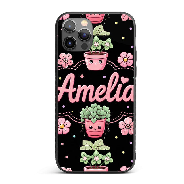 Cute Kawaii Flower Pots Blossom Black Background Custom Name Protective Phone Case Mobile Cover Durable Everyday Smartphone Shock Resistant