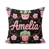 Custom Name Kawaii Flower Pots Blossom Black Background Seamless Square Filled Cushion Throw Pillow Sofa Bed Home Decor Zip Washable UK Made