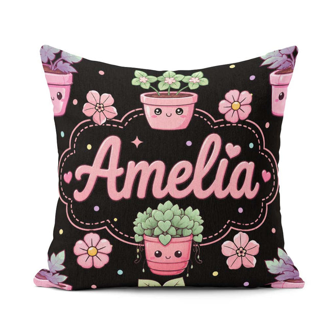 Custom Name Kawaii Flower Pots Blossom Black Background Seamless Square Filled Cushion Throw Pillow Sofa Bed Home Decor Zip Washable UK Made