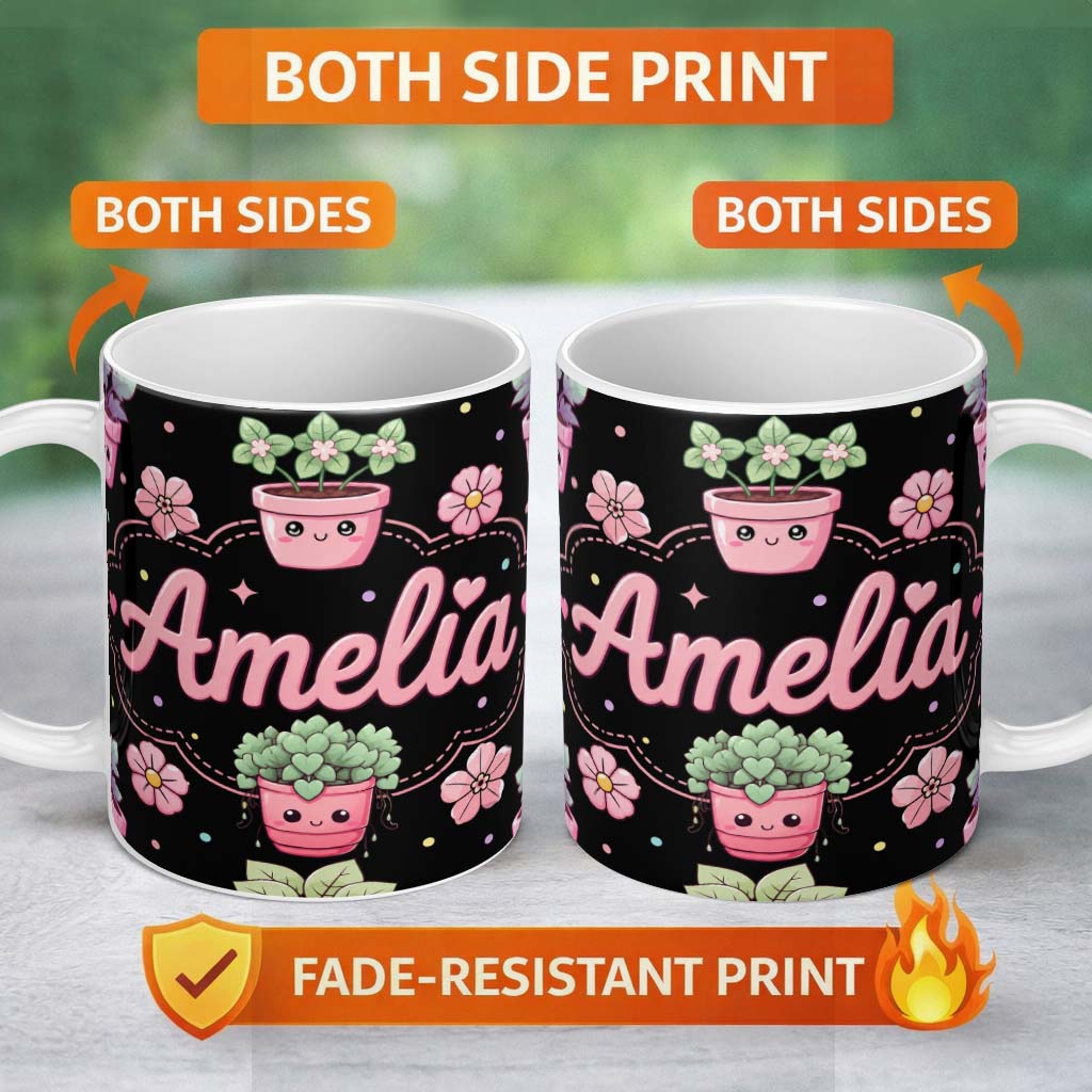 Personalized Custom Name Cute Kawaii Flower Pots Blossom Black Background Seamless Pattern 11oz Ceramic Coffee Tea Mug White Large Handle