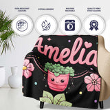 Cute Kawaii Flower Pots Blossom Black Background Seamless Pattern  Personalised Custom Name Super Soft Fleece Blanket Bed Sofa Throw