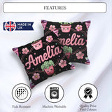 Custom Name Kawaii Flower Pots Blossom Black Background Seamless Square Filled Cushion Throw Pillow Sofa Bed Home Decor Zip Washable UK Made