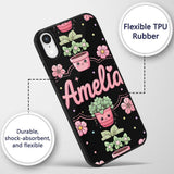 Cute Kawaii Flower Pots Blossom Black Background Custom Name Protective Phone Case Mobile Cover Durable Everyday Smartphone Shock Resistant