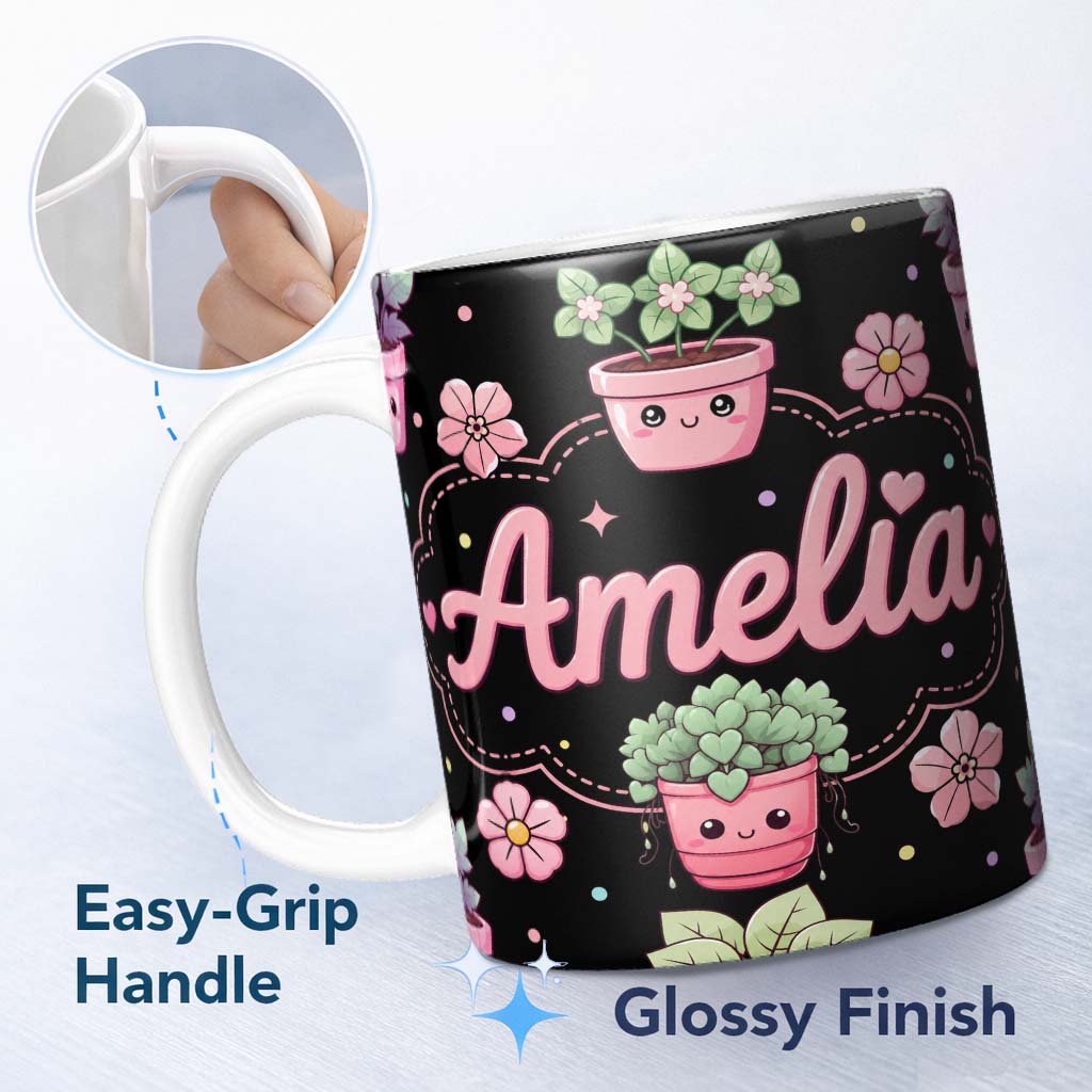 Personalized Custom Name Cute Kawaii Flower Pots Blossom Black Background Seamless Pattern 11oz Ceramic Coffee Tea Mug White Large Handle