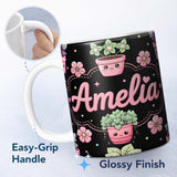 Personalized Custom Name Cute Kawaii Flower Pots Blossom Black Background Seamless Pattern 11oz Ceramic Coffee Tea Mug White Large Handle