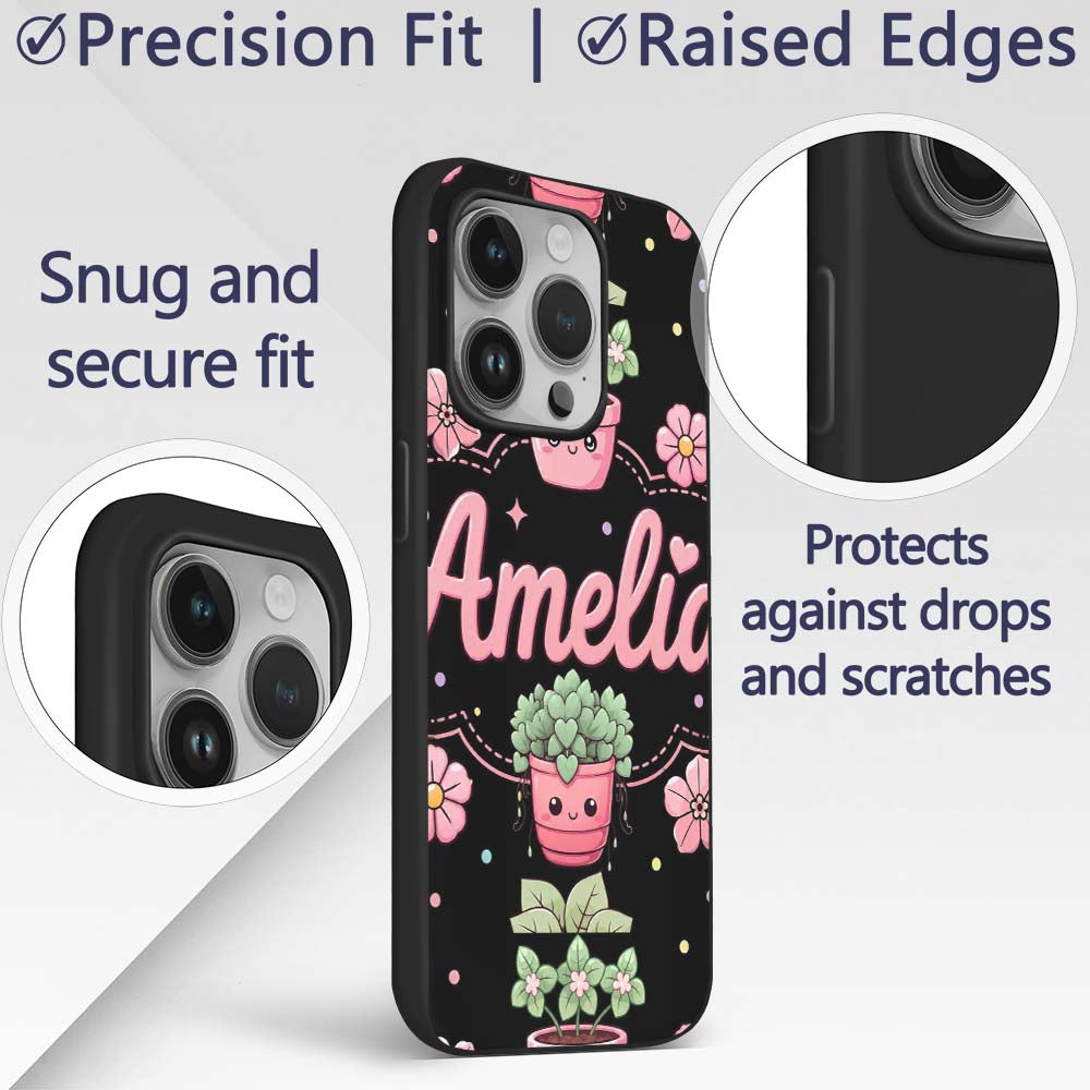 Cute Kawaii Flower Pots Blossom Black Background Custom Name Protective Phone Case Mobile Cover Durable Everyday Smartphone Shock Resistant
