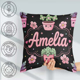 Custom Name Kawaii Flower Pots Blossom Black Background Seamless Square Filled Cushion Throw Pillow Sofa Bed Home Decor Zip Washable UK Made