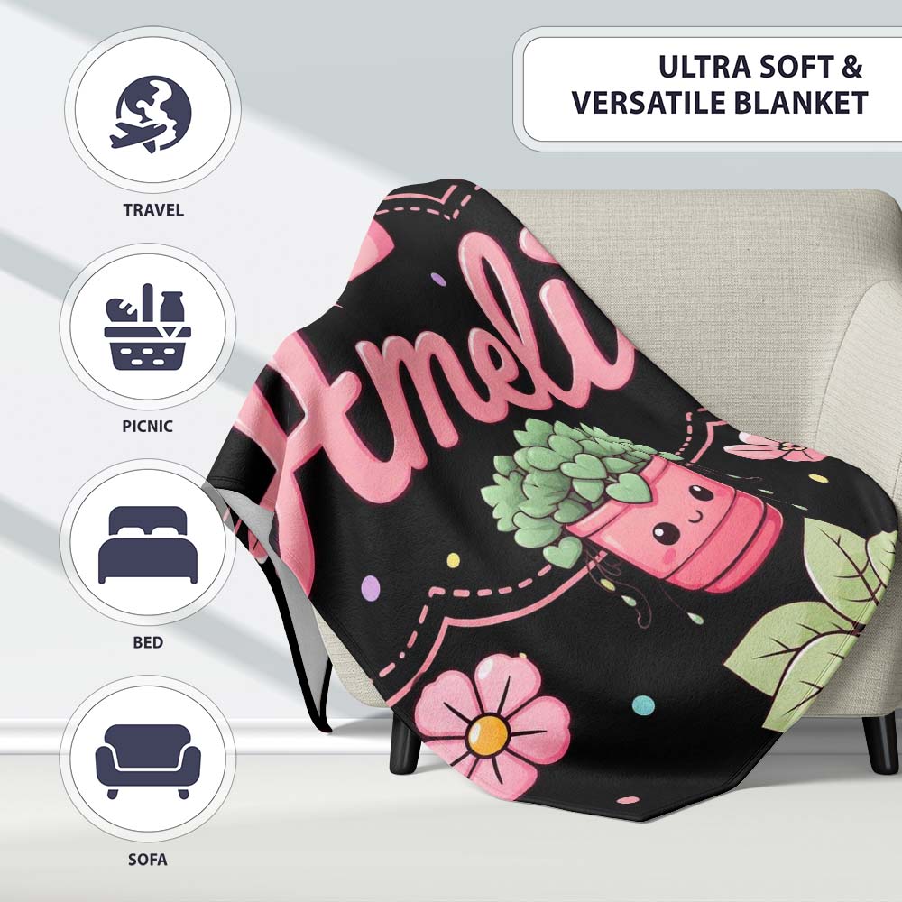 Cute Kawaii Flower Pots Blossom Black Background Seamless Pattern  Personalised Custom Name Super Soft Fleece Blanket Bed Sofa Throw