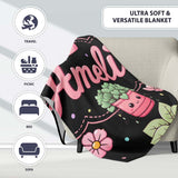 Cute Kawaii Flower Pots Blossom Black Background Seamless Pattern  Personalised Custom Name Super Soft Fleece Blanket Bed Sofa Throw