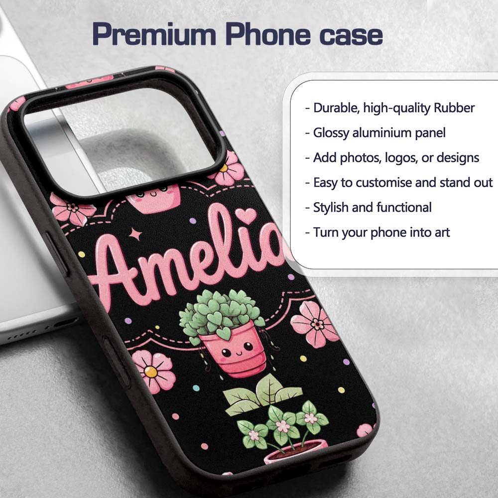 Cute Kawaii Flower Pots Blossom Black Background Custom Name Protective Phone Case Mobile Cover Durable Everyday Smartphone Shock Resistant