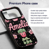 Cute Kawaii Flower Pots Blossom Black Background Custom Name Protective Phone Case Mobile Cover Durable Everyday Smartphone Shock Resistant