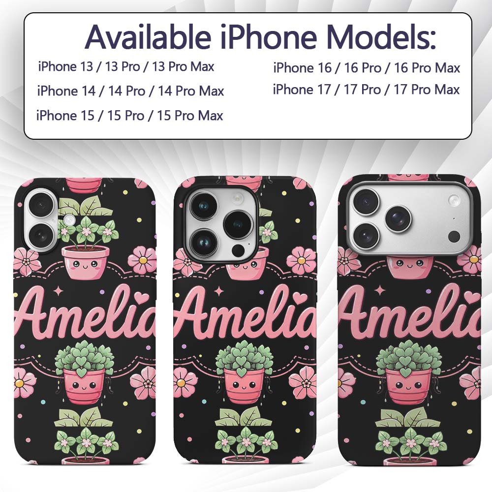 Cute Kawaii Flower Pots Blossom Black Background Custom Name Protective Phone Case Mobile Cover Durable Everyday Smartphone Shock Resistant