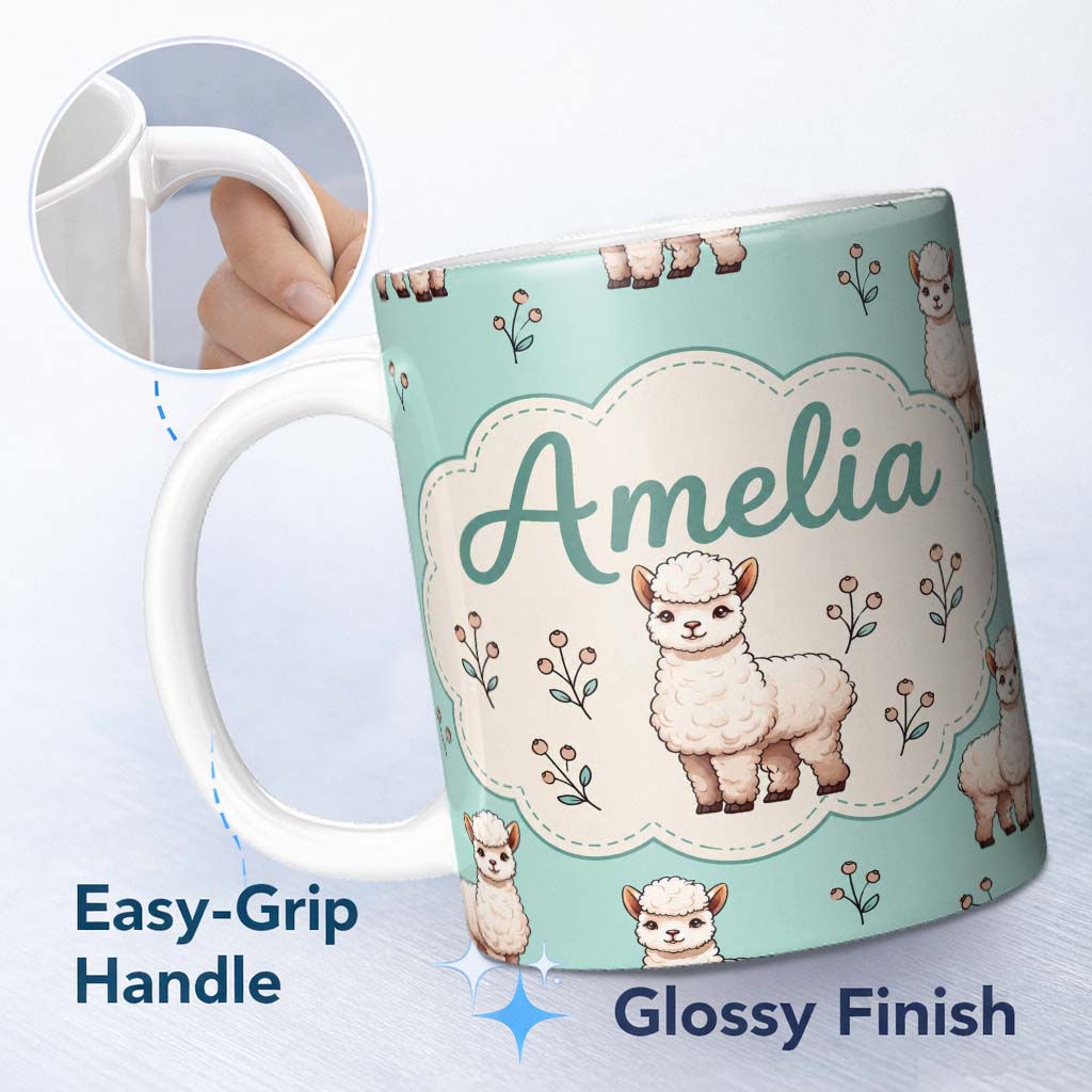 Personalized Custom Name Cute Alpaca Llama Farm Animals Floral Seamless Pattern Mint Green 11oz Ceramic Coffee Tea Mug White Large Handle