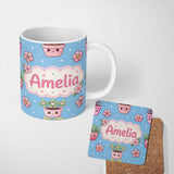 Personalized Custom Name Cute Kawaii Flower Pots Blossom Blue Background Seamless Pattern 11oz Ceramic Coffee Tea Mug White Large Handle