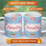 Personalized Custom Name Cute Kawaii Flower Pots Blossom Blue Background Seamless Pattern 11oz Ceramic Coffee Tea Mug White Large Handle