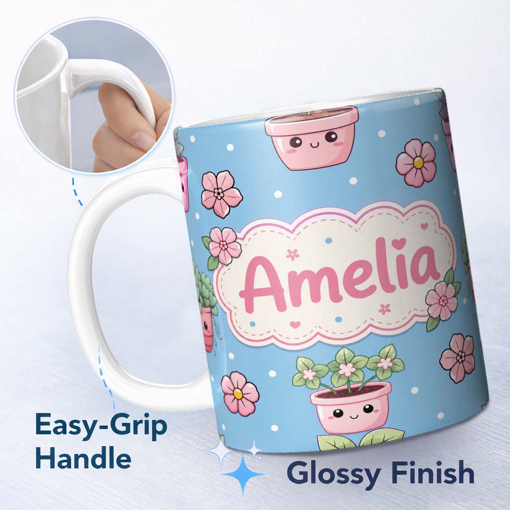Personalized Custom Name Cute Kawaii Flower Pots Blossom Blue Background Seamless Pattern 11oz Ceramic Coffee Tea Mug White Large Handle