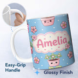 Personalized Custom Name Cute Kawaii Flower Pots Blossom Blue Background Seamless Pattern 11oz Ceramic Coffee Tea Mug White Large Handle