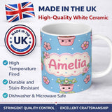 Personalized Custom Name Cute Kawaii Flower Pots Blossom Blue Background Seamless Pattern 11oz Ceramic Coffee Tea Mug White Large Handle