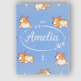 Personalised Name Cute Cartoon Corgi Dogs Bone Blue Background Custom Modern Room Accent Canvas Wall Art Print Decor Picture Ready to Hang