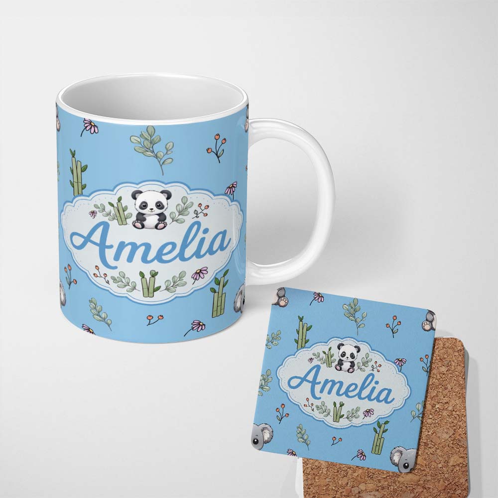 Personalized Custom Name Cute Panda Bamboo and Floral Minimal Seamless Pattern on Sky Blue 11oz Ceramic Coffee Tea Mug White Large Handle