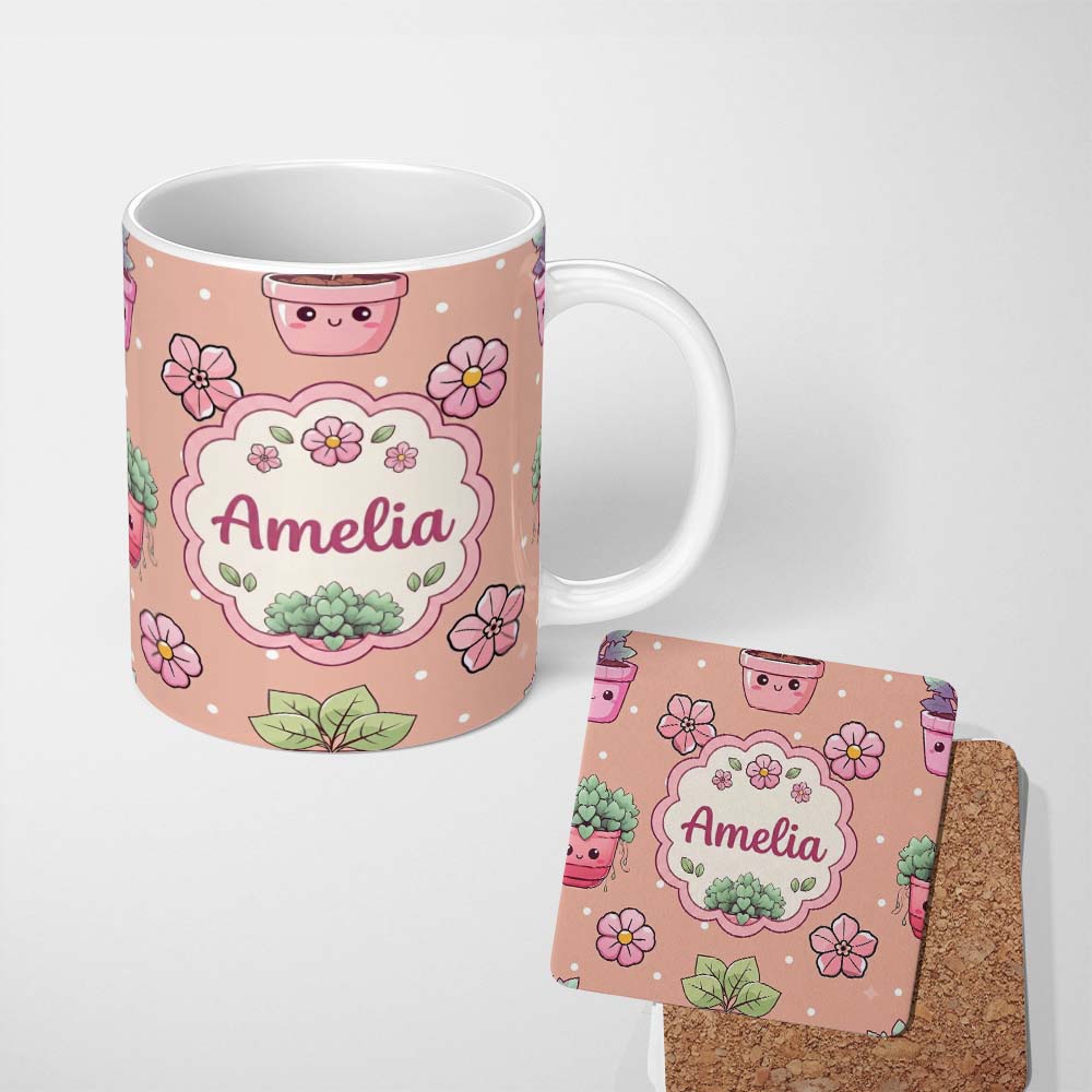 Personalized Custom Name Cute Kawaii Flower Pots Blossom Beige Background Seamless Pattern 11oz Ceramic Coffee Tea Mug White Large Handle