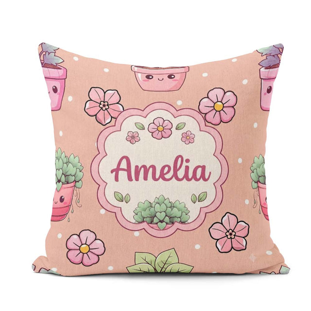 Custom Name Kawaii Flower Pots Blossom Beige Background Seamless Square Filled Cushion Throw Pillow Sofa Bed Home Decor Zip Washable UK Made