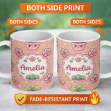 Personalized Custom Name Cute Kawaii Flower Pots Blossom Beige Background Seamless Pattern 11oz Ceramic Coffee Tea Mug White Large Handle