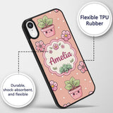 Cute Kawaii Flower Pots Blossom Beige Background Custom Name Protective Phone Case Mobile Cover Durable Everyday Smartphone Shock Resistant