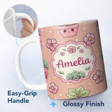 Personalized Custom Name Cute Kawaii Flower Pots Blossom Beige Background Seamless Pattern 11oz Ceramic Coffee Tea Mug White Large Handle