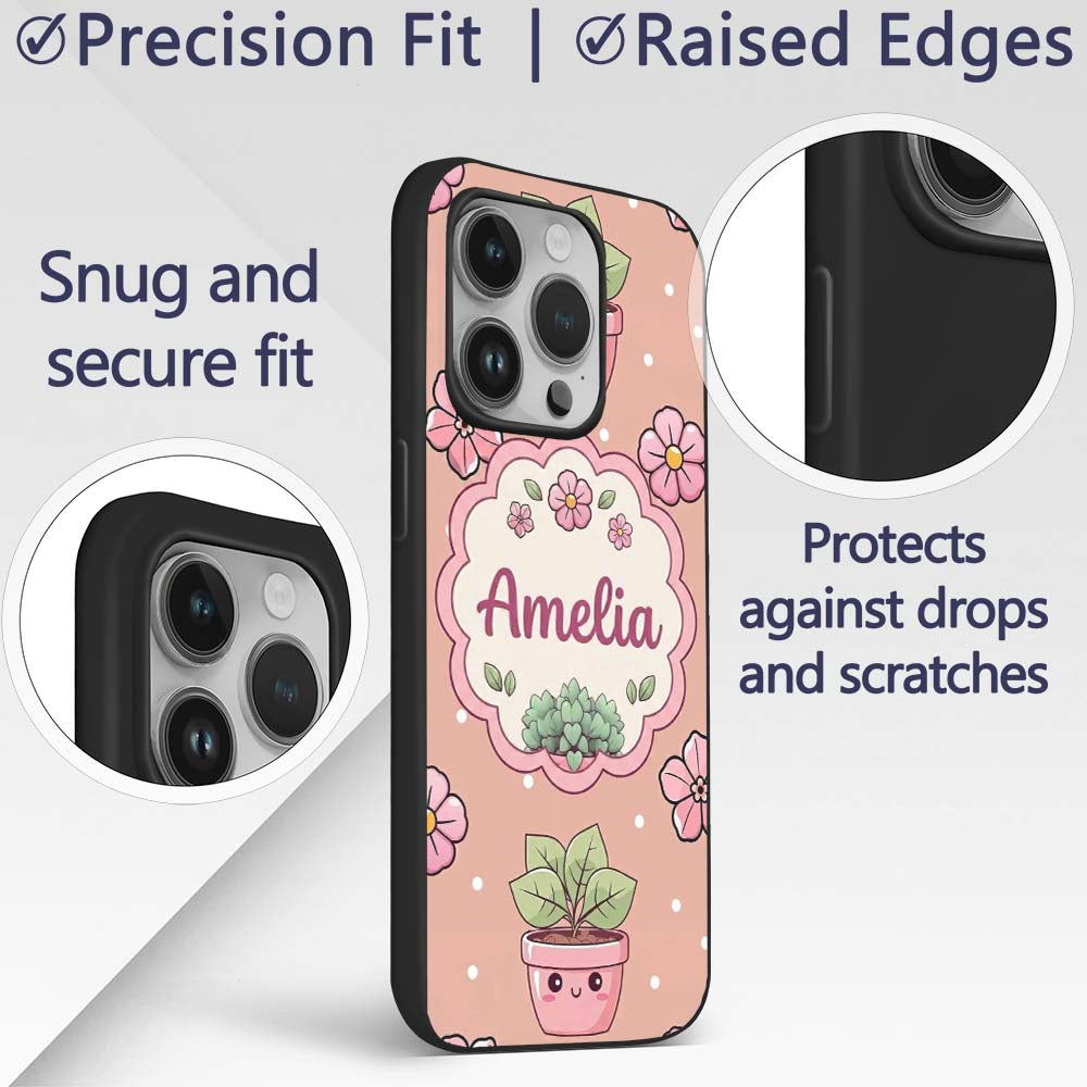 Cute Kawaii Flower Pots Blossom Beige Background Custom Name Protective Phone Case Mobile Cover Durable Everyday Smartphone Shock Resistant