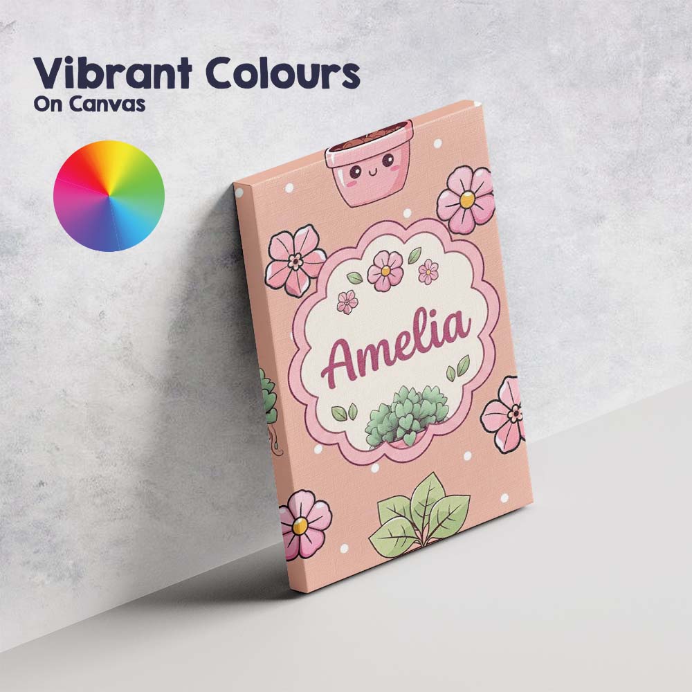 Personalised Name Cute Kawaii Flower Pots Custom  Unique Gift Idea Elegant Feature Canvas Wall Art Print Decor Picture Ready to Hang