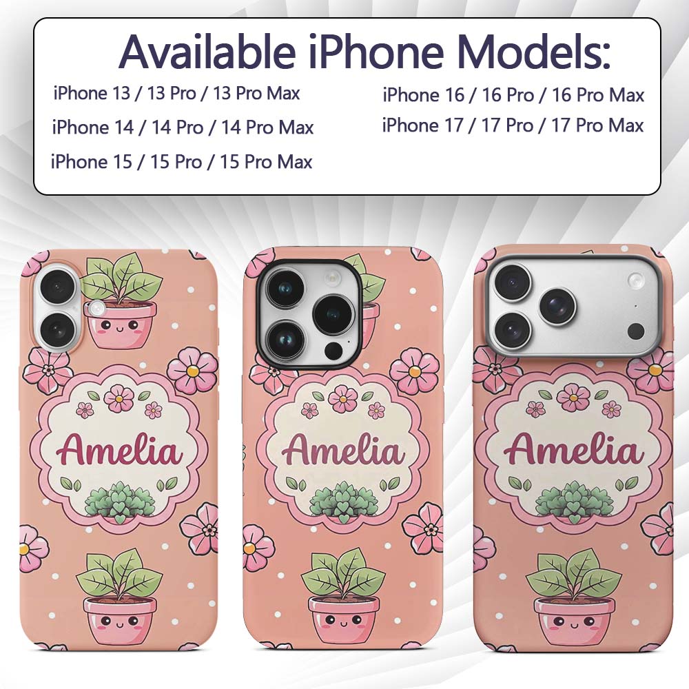 Cute Kawaii Flower Pots Blossom Beige Background Custom Name Protective Phone Case Mobile Cover Durable Everyday Smartphone Shock Resistant