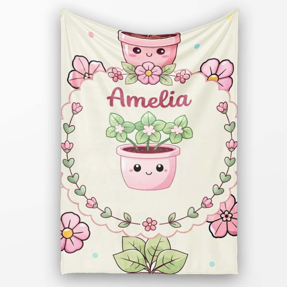 Cute Kawaii Flower Pots Blossom Cream Background Seamless Pattern  Personalised Custom Name Super Soft Fleece Blanket Bed Sofa Throw