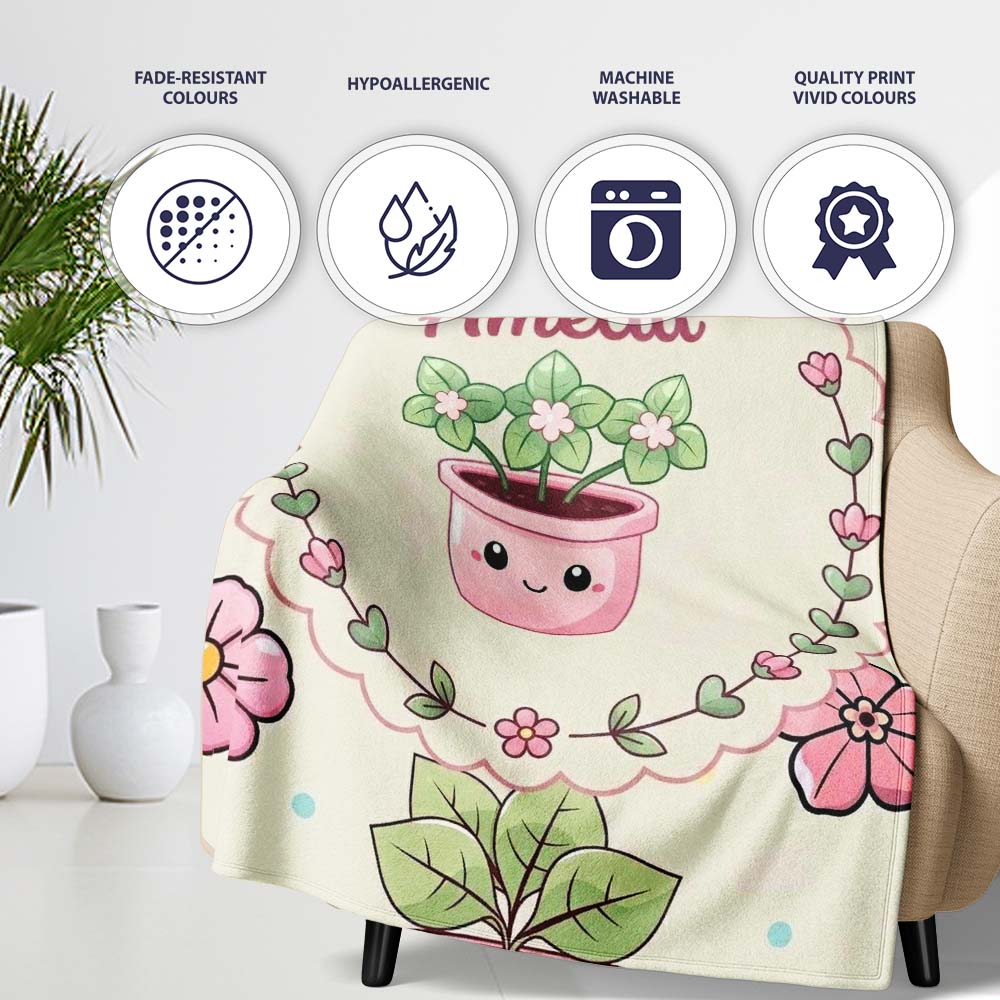 Cute Kawaii Flower Pots Blossom Cream Background Seamless Pattern  Personalised Custom Name Super Soft Fleece Blanket Bed Sofa Throw