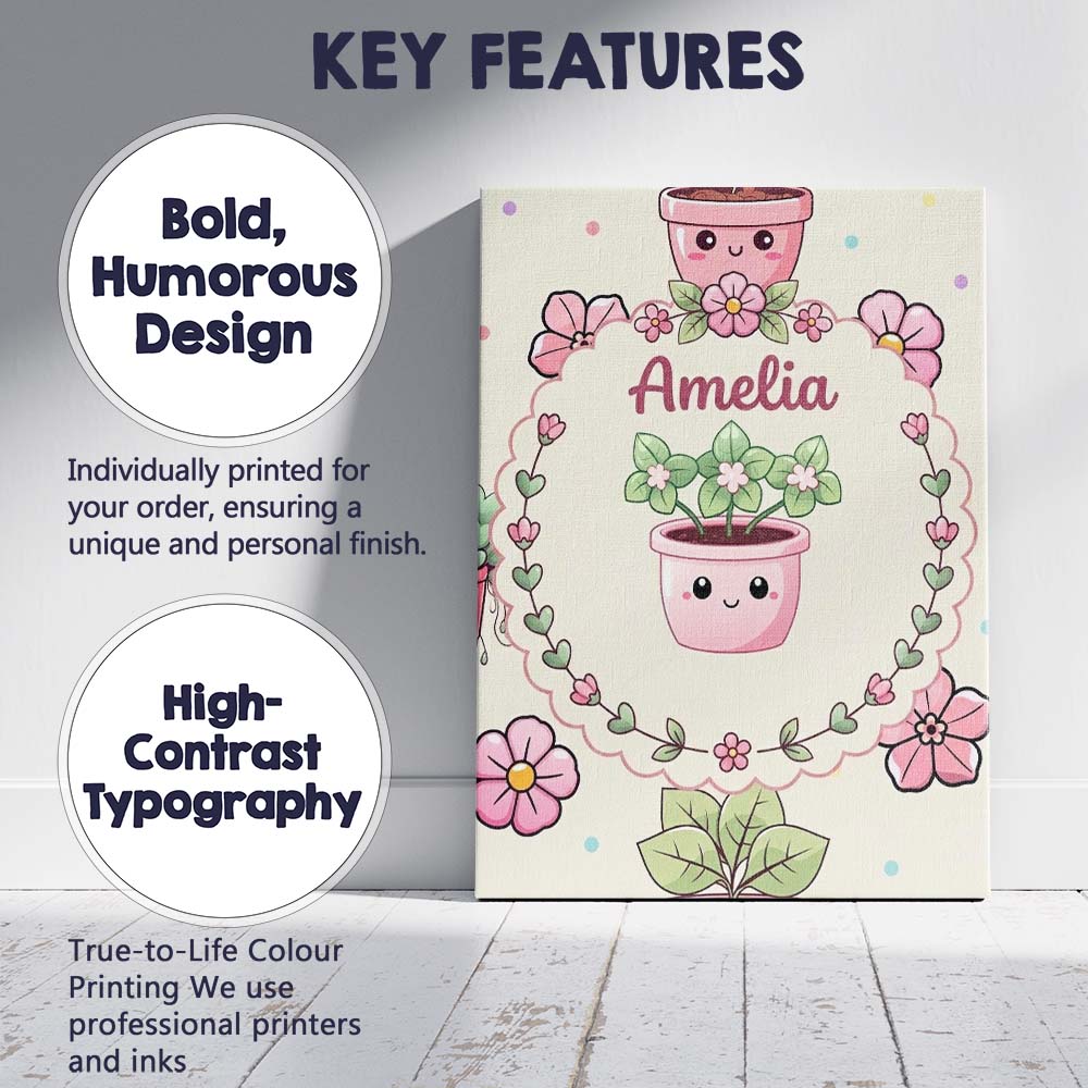 Personalised Name Cute Kawaii Flower Pots Custom  Unique Gift Idea Elegant Feature Canvas Wall Art Print Decor Picture Ready to Hang