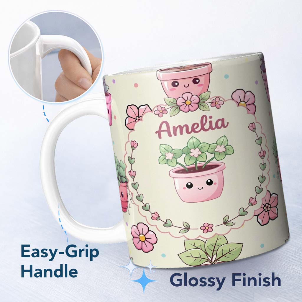 Personalized Custom Name Cute Kawaii Flower Pots Blossom Cream Background Seamless Pattern 11oz Ceramic Coffee Tea Mug White Large Handle