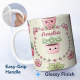 Personalized Custom Name Cute Kawaii Flower Pots Blossom Cream Background Seamless Pattern 11oz Ceramic Coffee Tea Mug White Large Handle