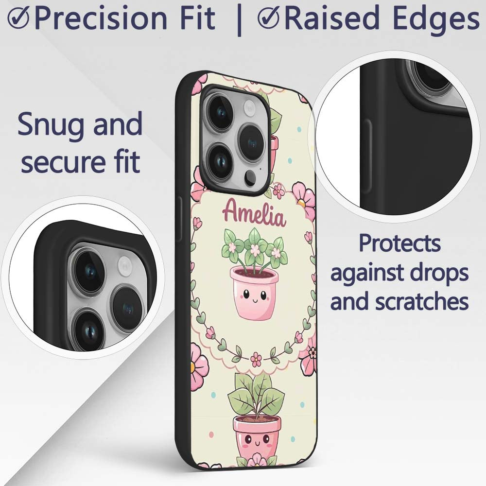 Cute Kawaii Flower Pots Blossom Cream Background Custom Name Protective Phone Case Mobile Cover Durable Everyday Smartphone Shock Resistant