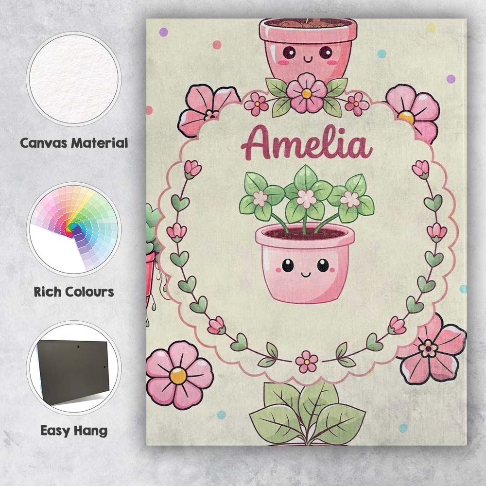 Personalised Name Cute Kawaii Flower Pots Custom  Unique Gift Idea Elegant Feature Canvas Wall Art Print Decor Picture Ready to Hang