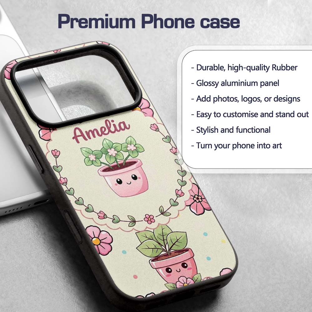 Cute Kawaii Flower Pots Blossom Cream Background Custom Name Protective Phone Case Mobile Cover Durable Everyday Smartphone Shock Resistant