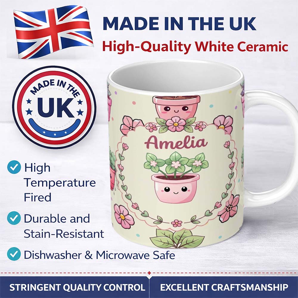 Personalized Custom Name Cute Kawaii Flower Pots Blossom Cream Background Seamless Pattern 11oz Ceramic Coffee Tea Mug White Large Handle