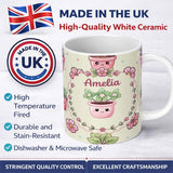 Personalized Custom Name Cute Kawaii Flower Pots Blossom Cream Background Seamless Pattern 11oz Ceramic Coffee Tea Mug White Large Handle