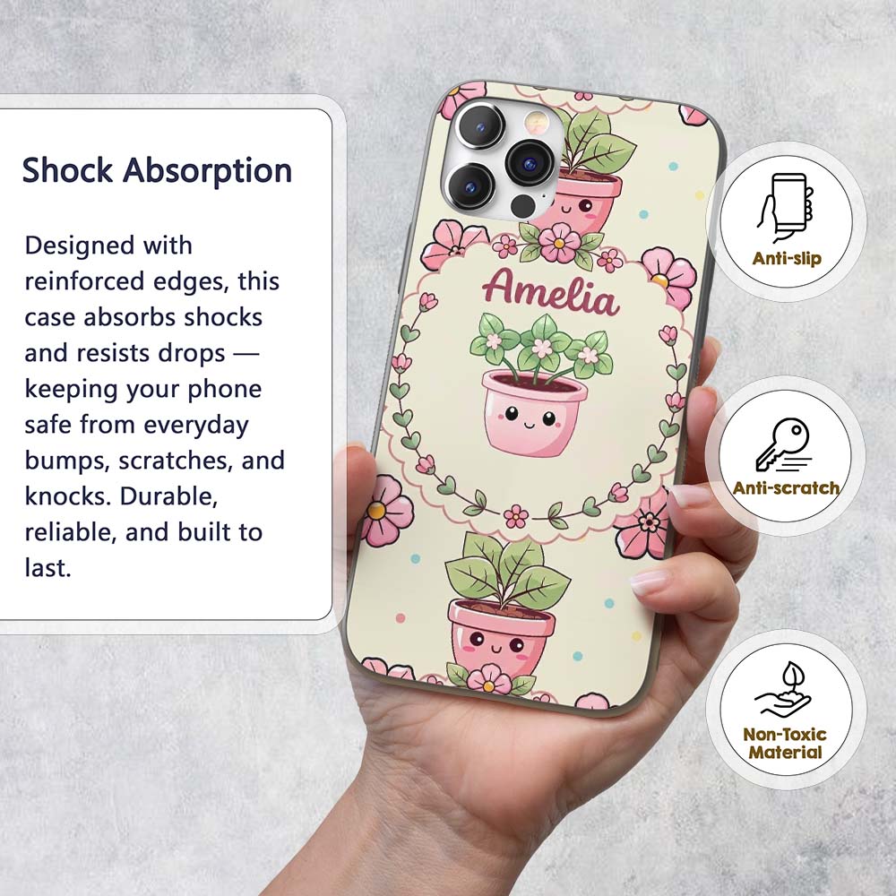 Cute Kawaii Flower Pots Blossom Cream Background Custom Name Protective Phone Case Mobile Cover Durable Everyday Smartphone Shock Resistant