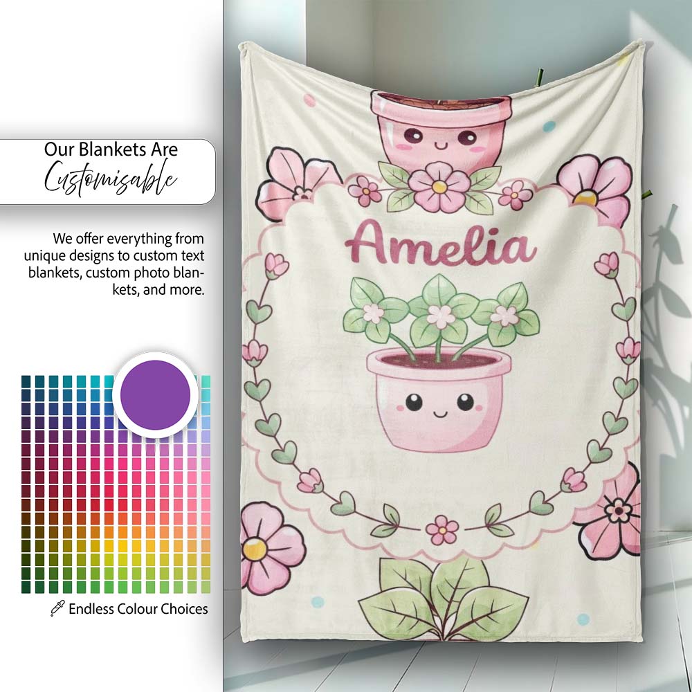 Cute Kawaii Flower Pots Blossom Cream Background Seamless Pattern  Personalised Custom Name Super Soft Fleece Blanket Bed Sofa Throw