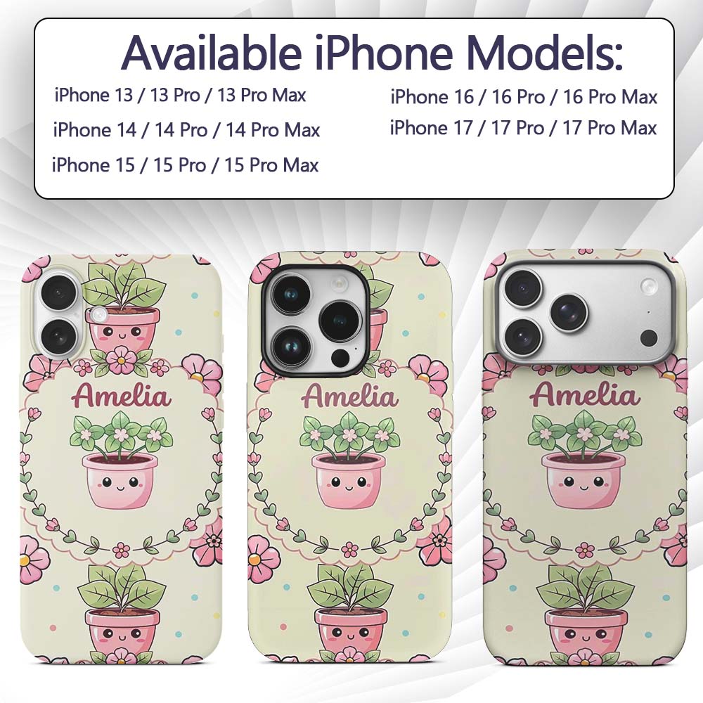 Cute Kawaii Flower Pots Blossom Cream Background Custom Name Protective Phone Case Mobile Cover Durable Everyday Smartphone Shock Resistant