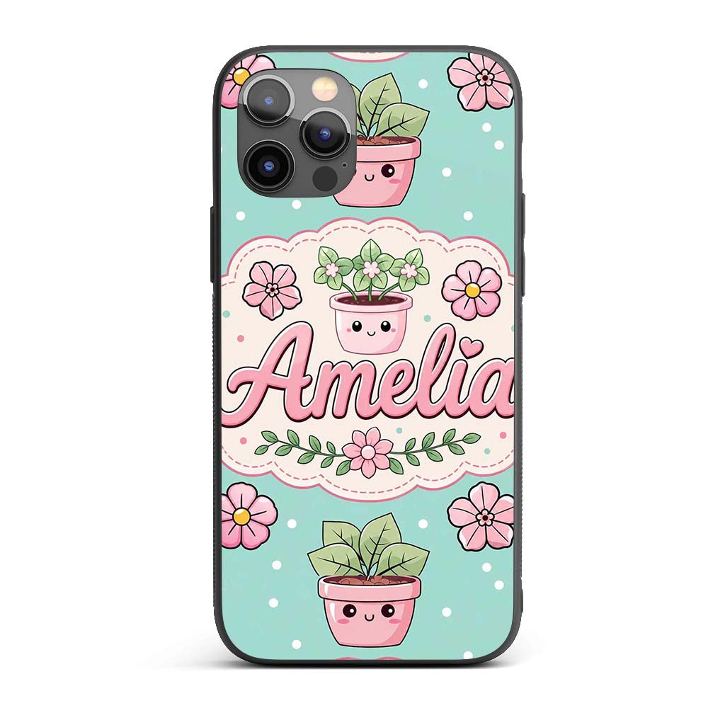 Cute Kawaii Flower Pots Blossom Mint Background Custom Name Protective Phone Case Mobile Cover Durable Everyday Smartphone Shock Resistant