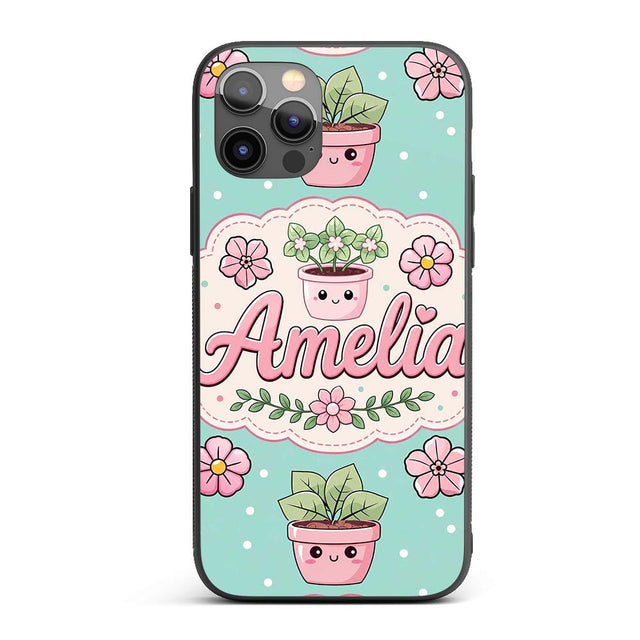 Cute Kawaii Flower Pots Blossom Mint Background Custom Name Protective Phone Case Mobile Cover Durable Everyday Smartphone Shock Resistant