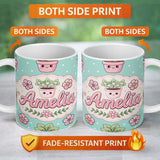 Personalized Custom Name Cute Kawaii Flower Pots Blossom Mint Background Seamless Pattern 11oz Ceramic Coffee Tea Mug White Large Handle